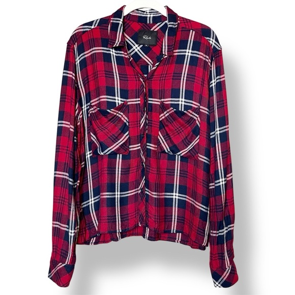 Rails Rian Plaid Flannel Shirt Medium red navy button down top lightweight crop - Picture 1 of 12